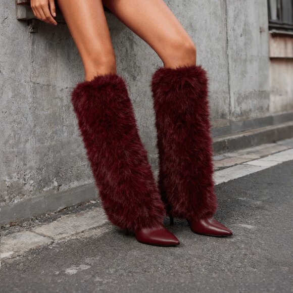 MODA ME COUTURE Shoes - Burgundy Women's Knee High Fuzzy Faux Fur Stiletto heeled Boots